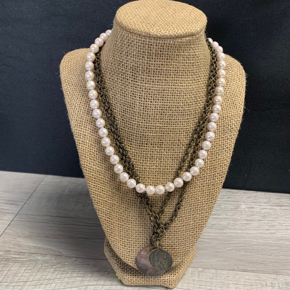 Multi Strand Pearl and Bronze Chain Necklace Napoleon Coin Shell Pendant 16in